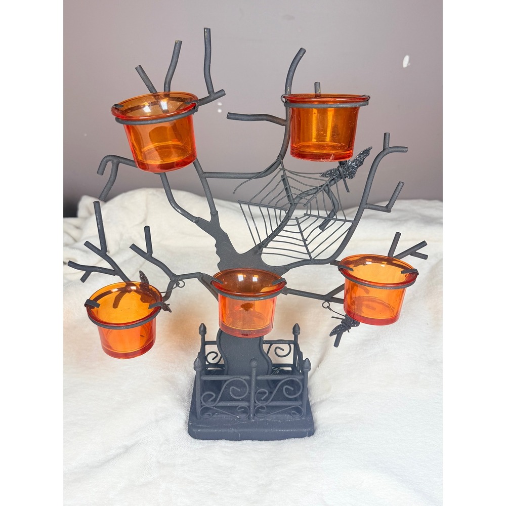 Halloween Spooky Tree Votive Candle Holder Black Metal Orange Glass Bats Web 14"